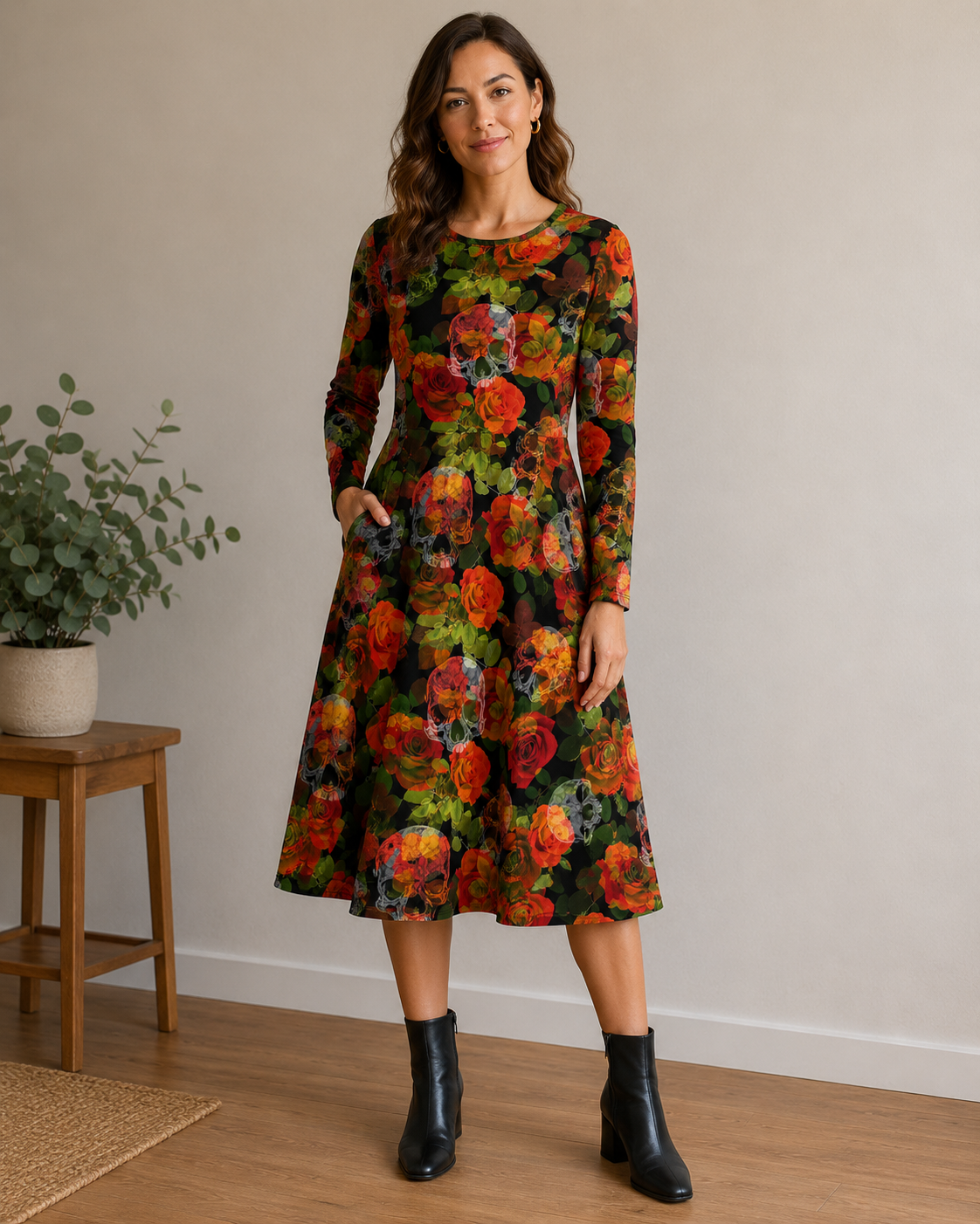 Pitkähihainen midi mekko -  Pääkallot ruusuilla