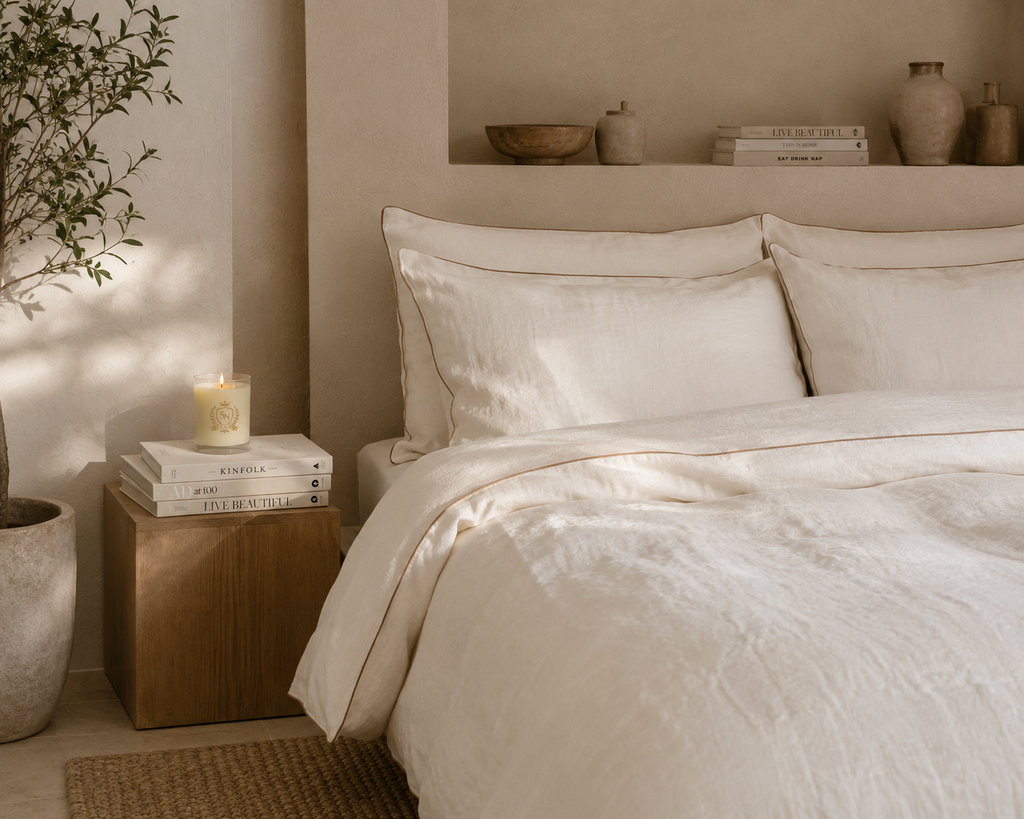 White Linen Duvet Cover Set with Natural Piping