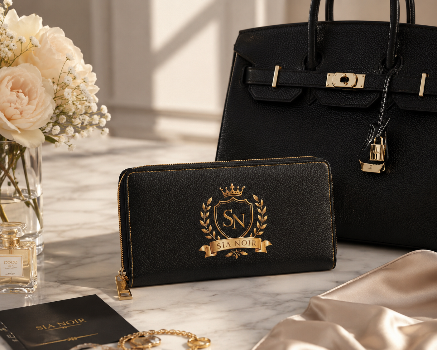 Elegant Black Leather Wallet with 'SN' Monogram