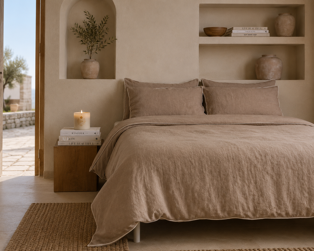 Natural Linen Duvet Cover Set with White Piping