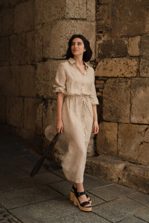 Bronze White Stripes Linen Rhapsody Dress