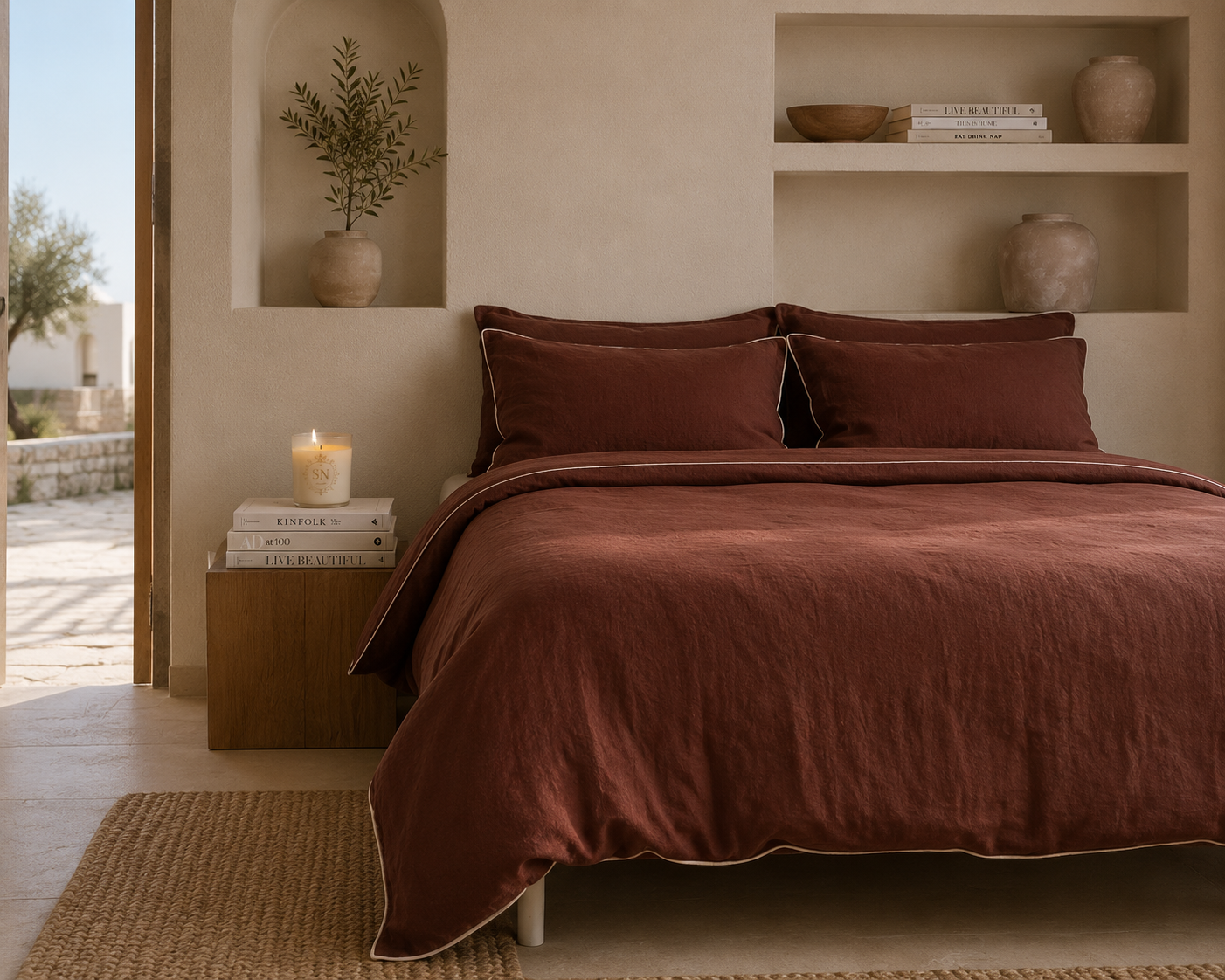 Chocolate Linen Duvet Cover Set with White Piping